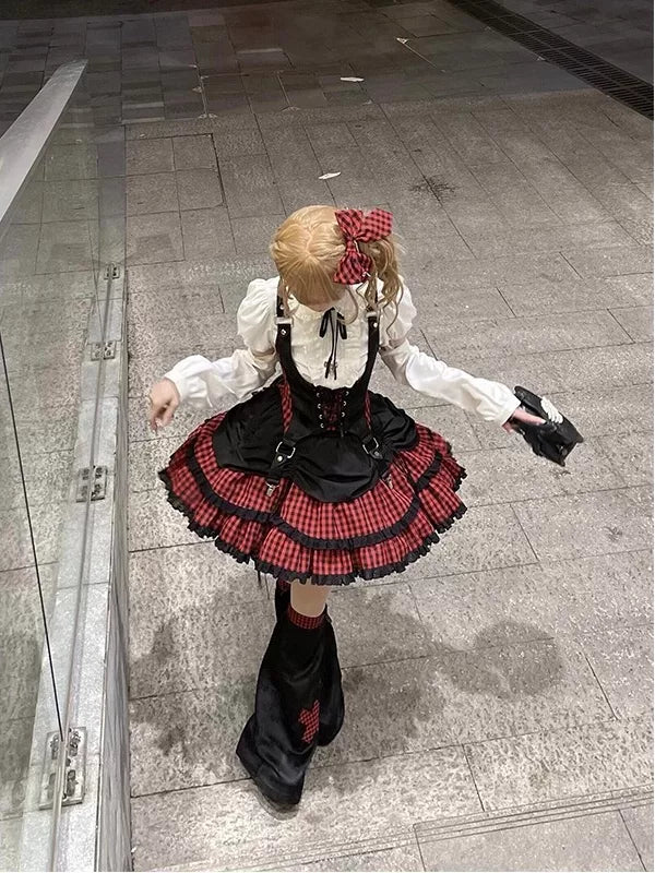 Creamy - Rock Idol - Punk Lolita Outfit Set with a Red-and-Black Plaid Skirt