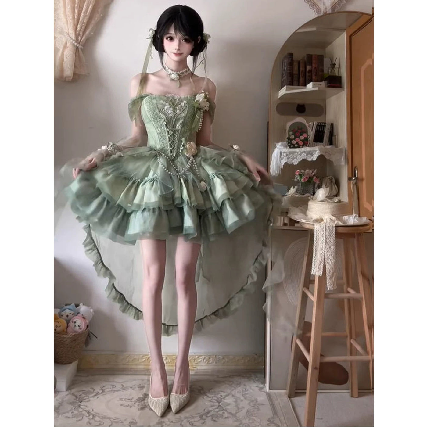 Creamy - Ballet Chinese Princess - Green Lolita Dress Set with a Layered Train