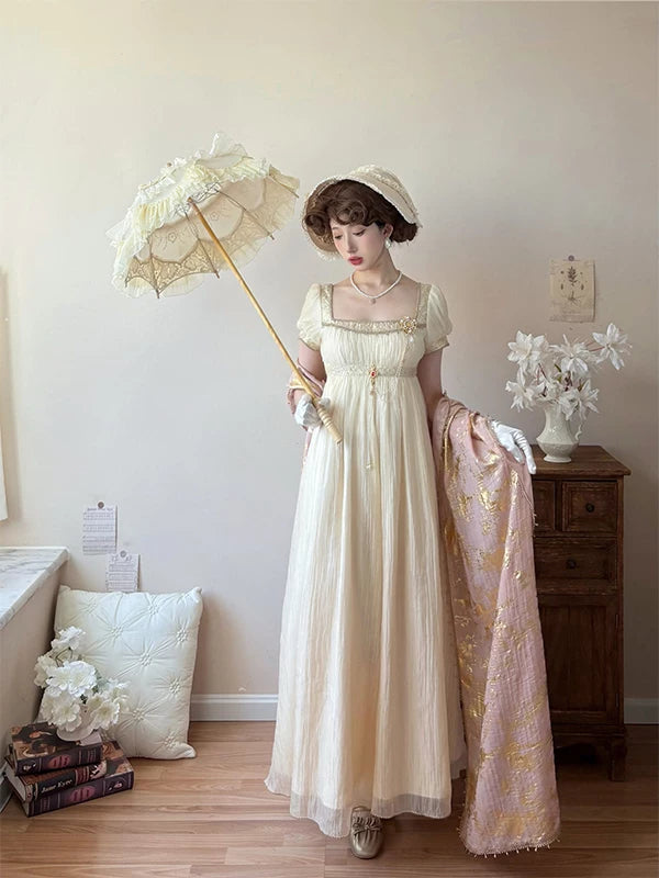 Creamy - Gilded Empire - Gilded-Gold Lolita Dress with Puff Sleeves