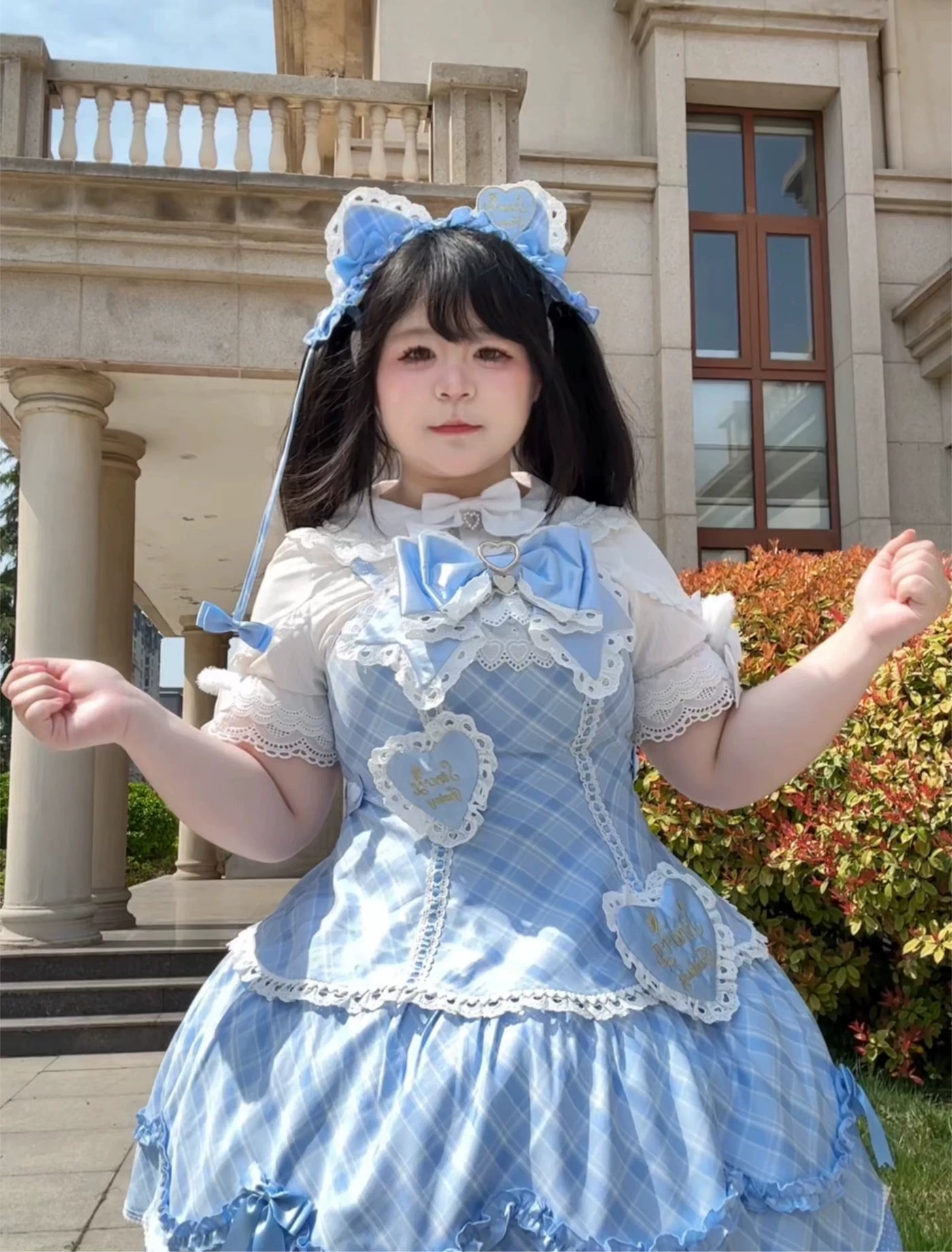 Star Fantasy - Shibuya Sweetheart - Checked OP Dress with Heart Appliqués and Lace Trim