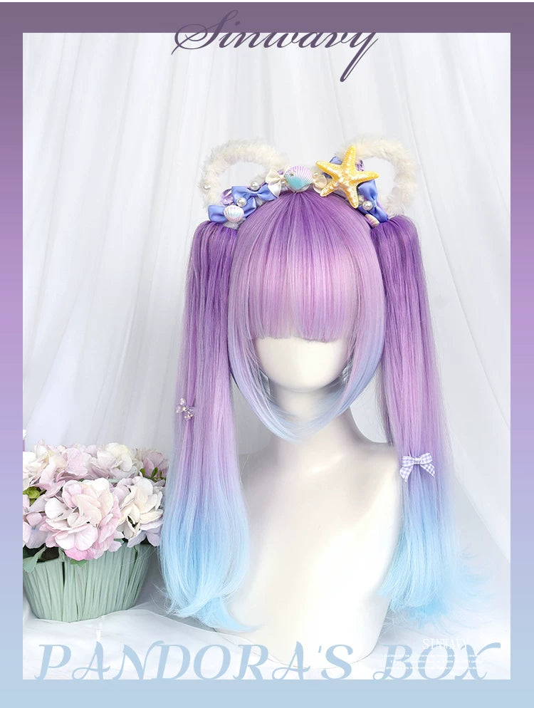 Blue-purple gradient bob hairpiece with twin ponytails - view 6