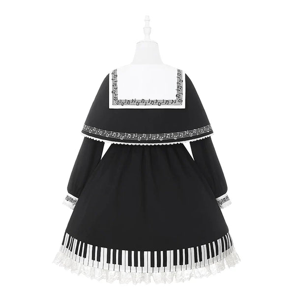 Black Old School Lolita dress with musical-note trim and piano-key hem