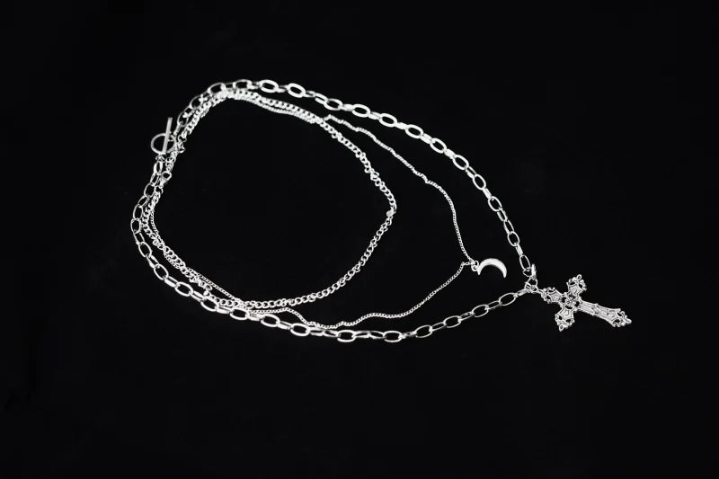 Strange Sugar - Gothic Lolita Necklace Triple Layer - Metal Cross Sweater Chain Neckwear