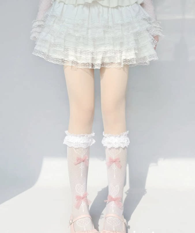 Fantasy Doll - Heart Jacquard - Mid-Calf Socks with Lace and Bow Details