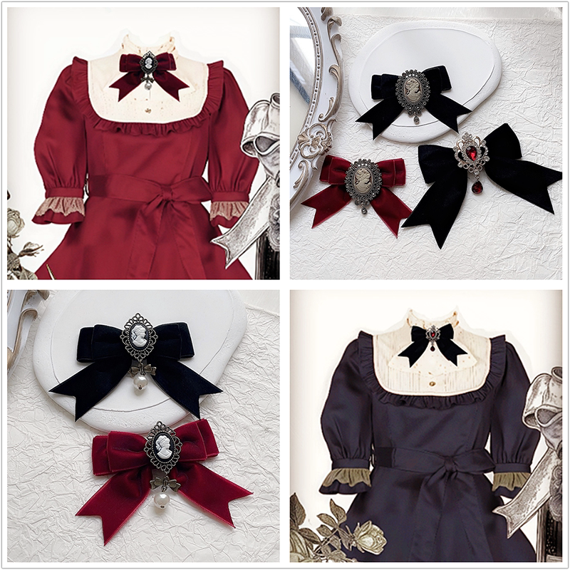 Black, wine-red and white bow brooch variants with ribbon tails and cameo-style centers