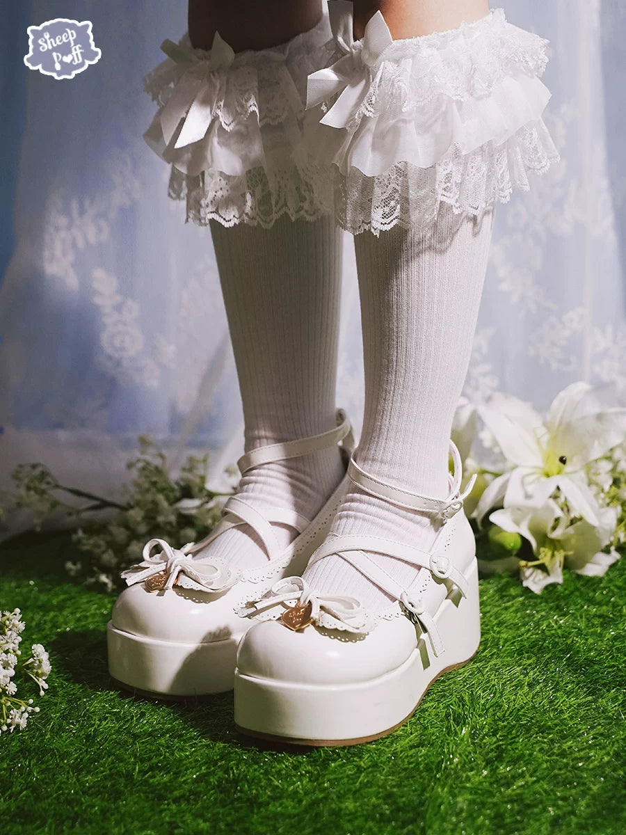 Sheep Puff Sweetheart Thick Roll Platform Lolita Shoes featuring a cute sheep puff design and chunky platform sole.