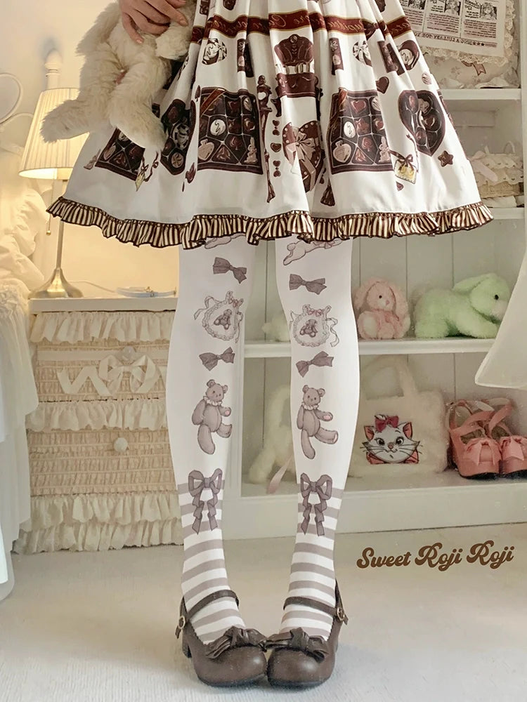 Roji Roji - Cradle Time - Sweet Lolita Velvet Pantyhose Japan Style Printed Tights Brown F(Fit Height: 150-170cm)