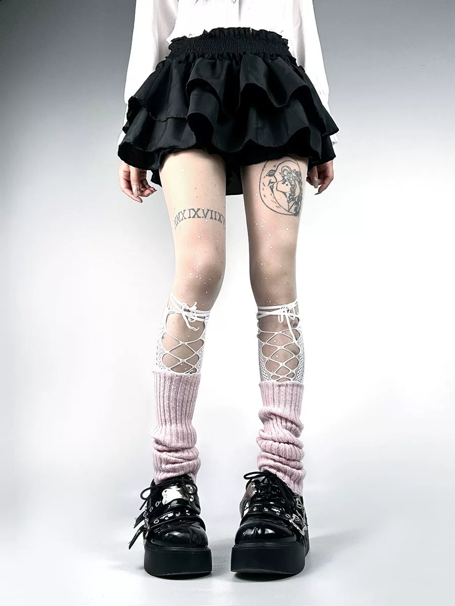 White Socks - Y2K Wrap - Fishnet Leg Warmers with Knit Slouch Cuffs