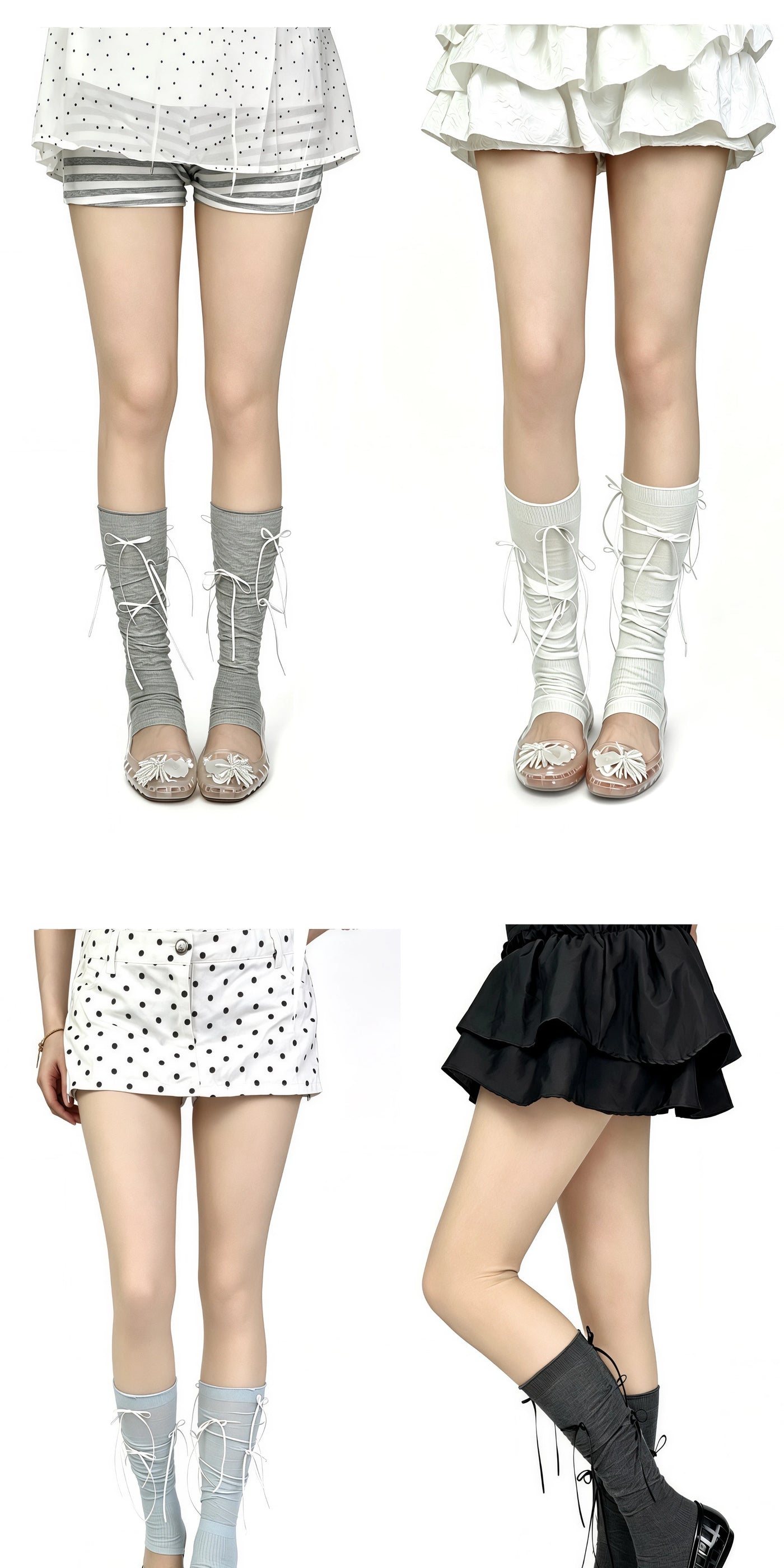 White Socks - Ribbon Ballet - Footless Stirrup Socks with Layered Ribbon Bows