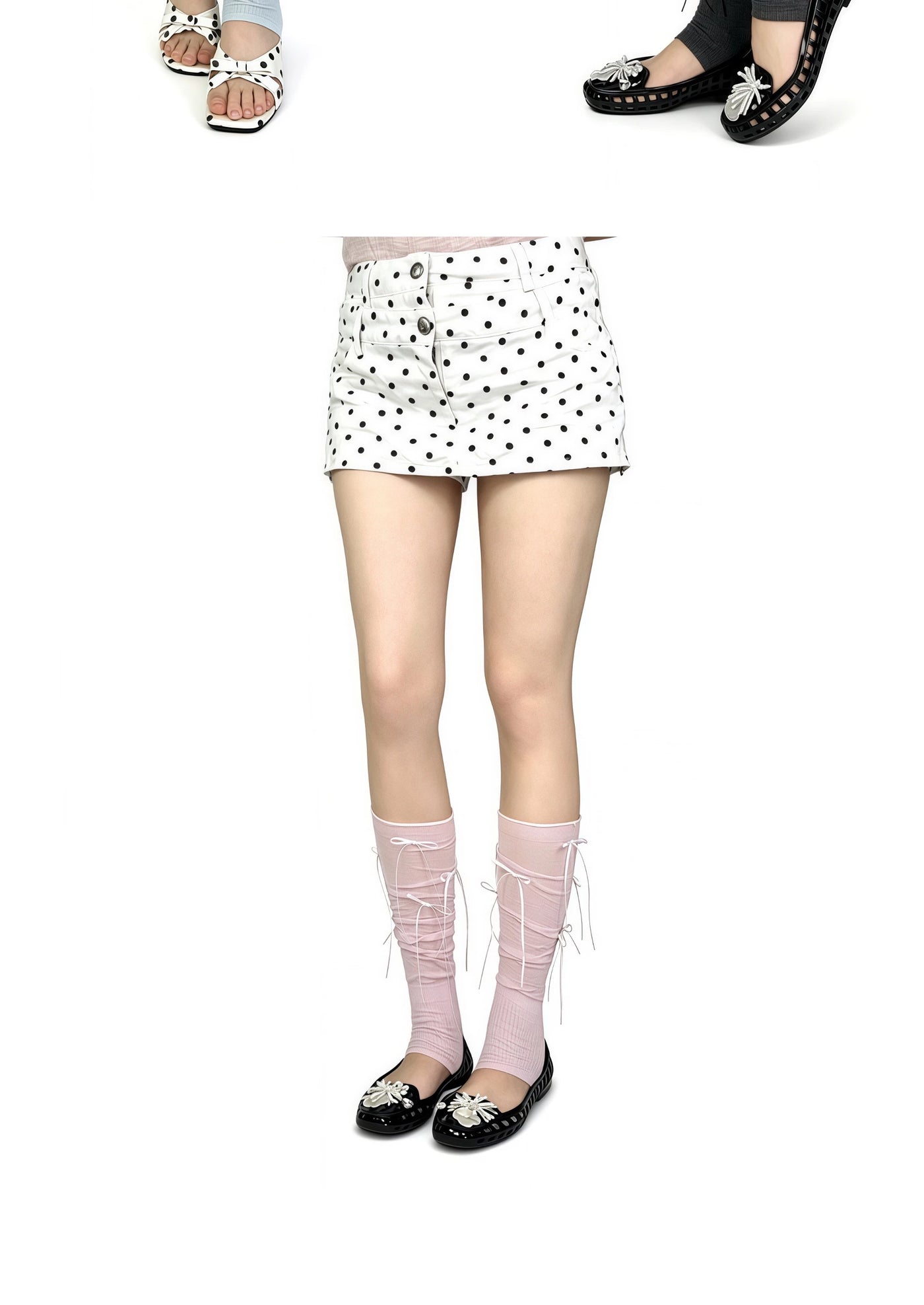 White Socks - Ribbon Ruched - Calf Socks with Ribbon Ties