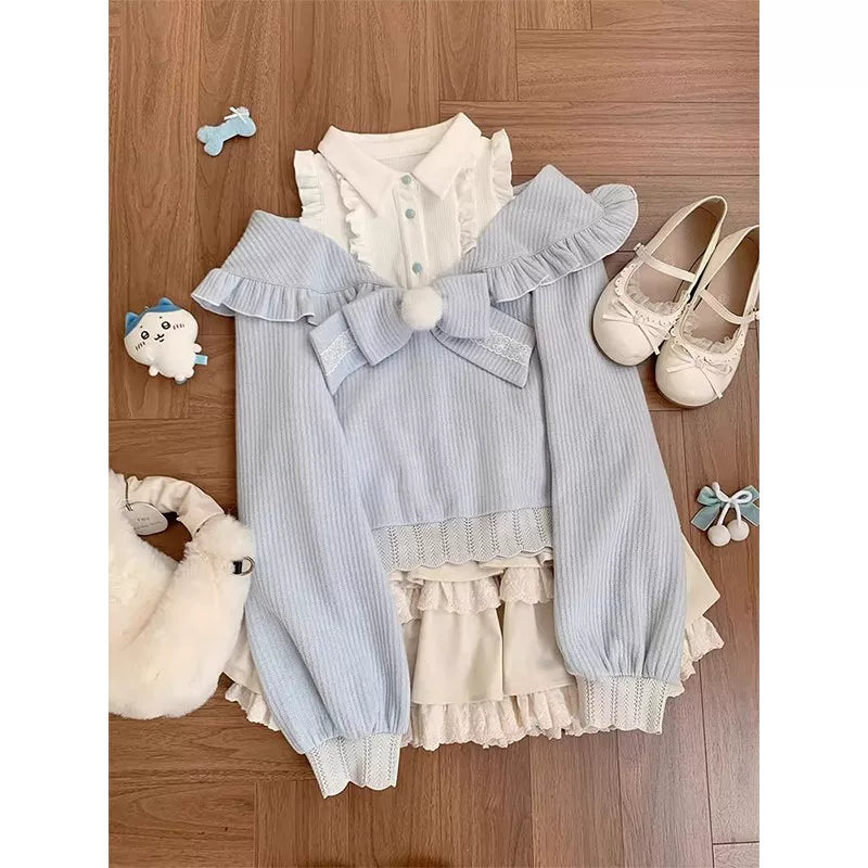 Creamy - Powder Blue Bow - Blue knit top and cream-apricot half-skirt set with an oversized bow