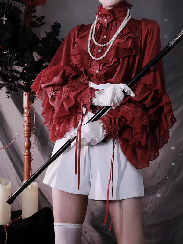 Deep red Gothic Lolita blouse with voluminous bat sleeves and ruffled lace collar