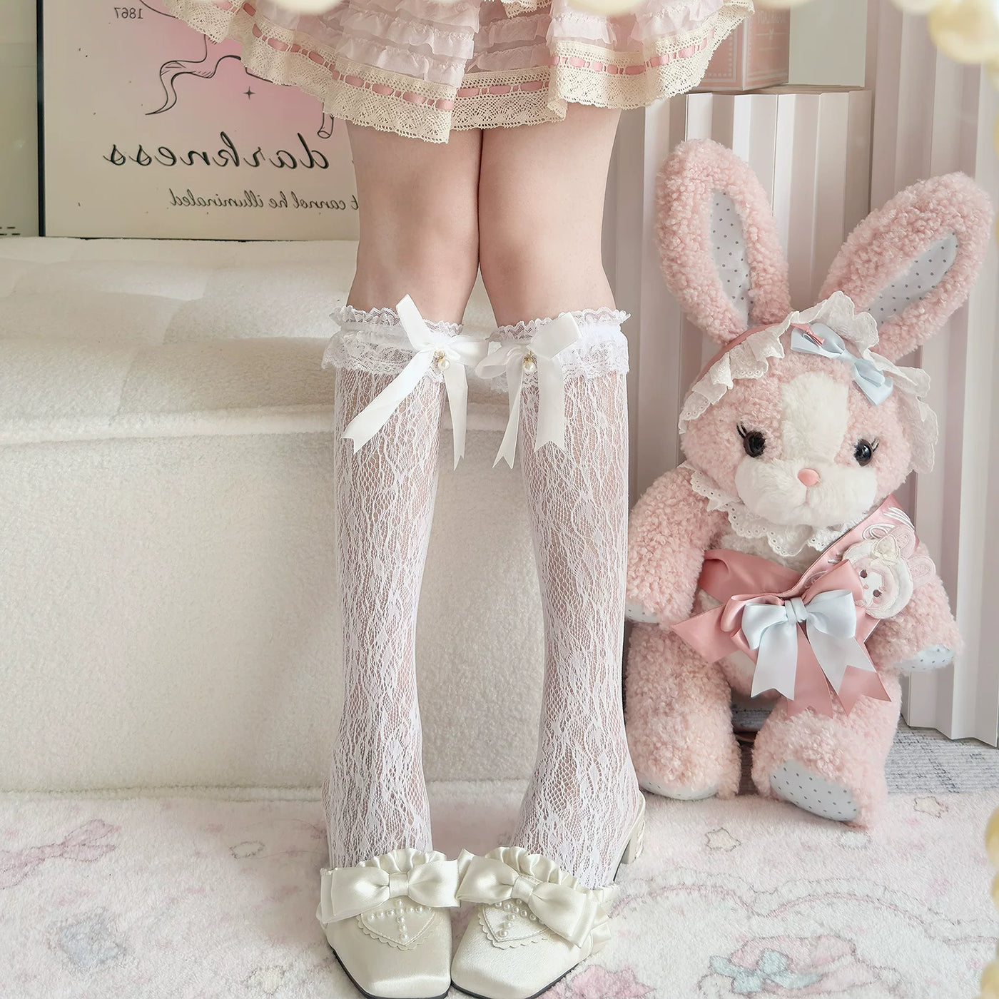 Fantasy Doll - Heart Ribbon - Lace Calf Socks with Bow Details