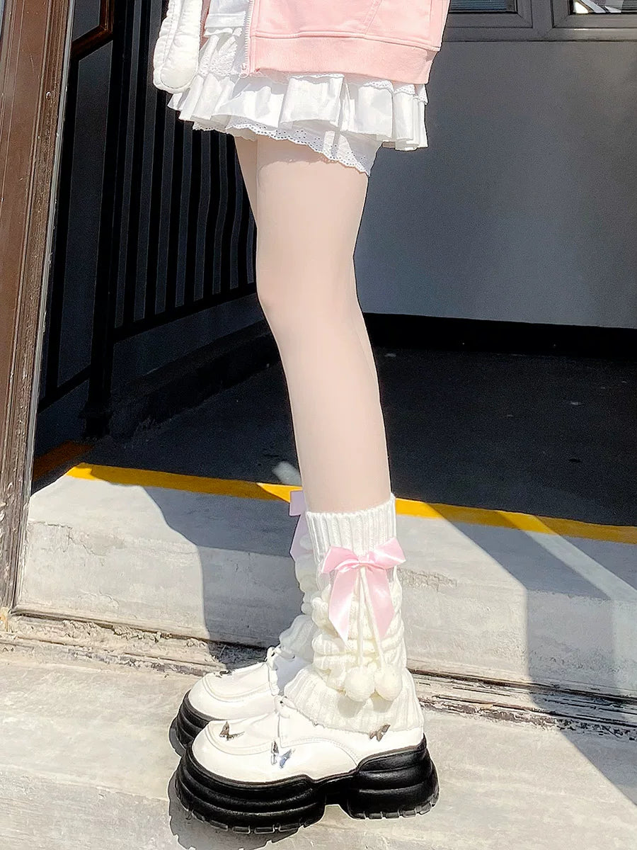 Floral Milk Cat - Pom-Pom Bow - Scrunched Leg Warmers with Bows and Pom-Pom Accents