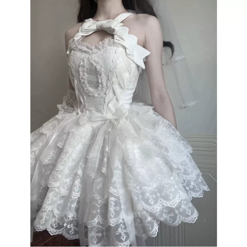 Creamy - White Swan Ballet - White halter-neck Lolita dress with a layered lace skirt