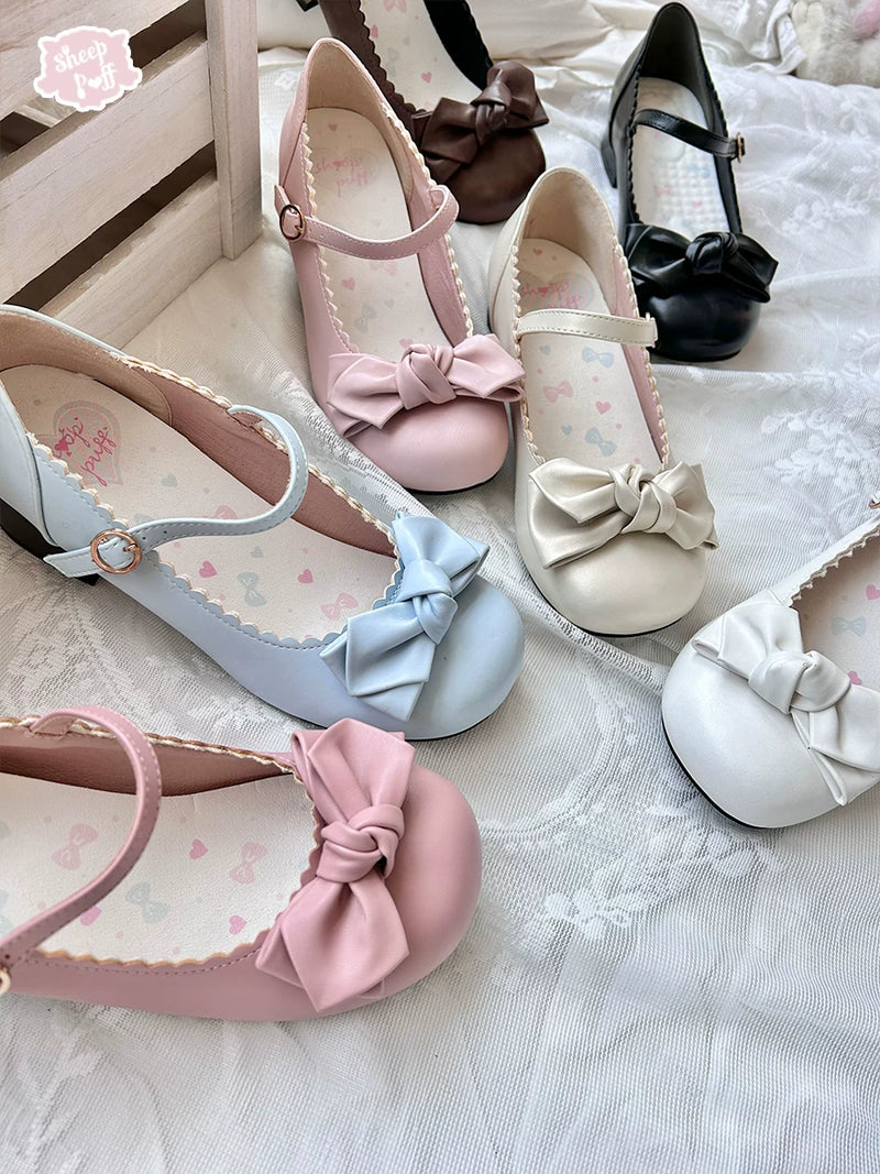 Sheep Puff rounded bow Sakura matte Lolita shoes with floral design and soft pink finish, featuring a cute and elegant style.