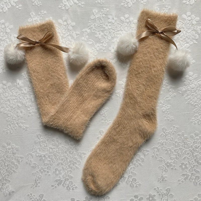 Sock Noble - Snowfield Pompom - Thick mid-calf slouch socks with pom-pom accents