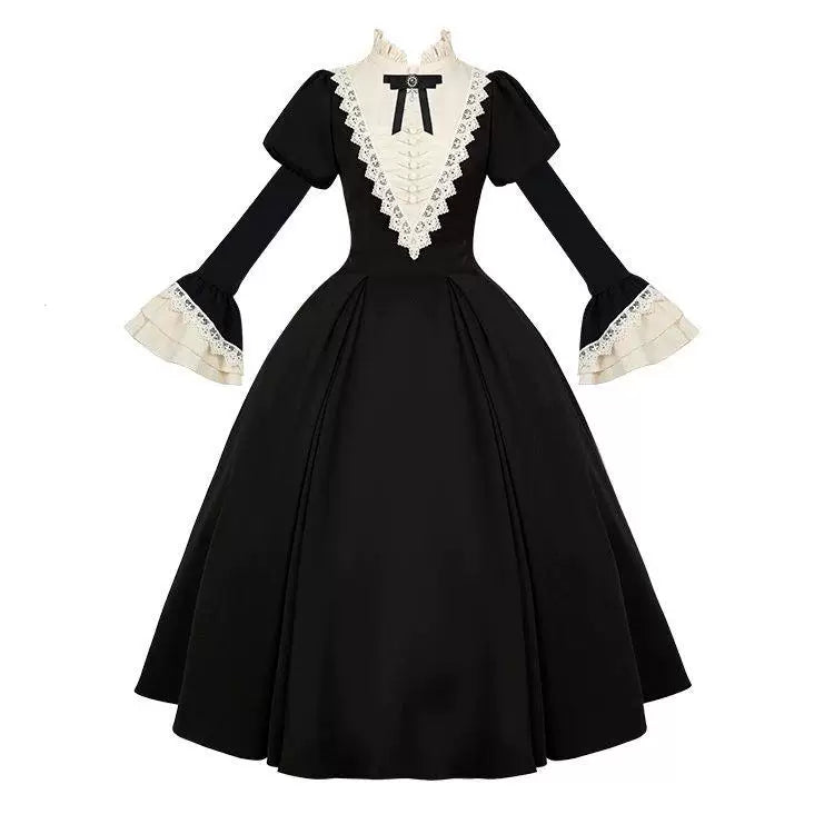 Black Gothic Lolita short OP with flared skirt, lace trim, and short sleeves