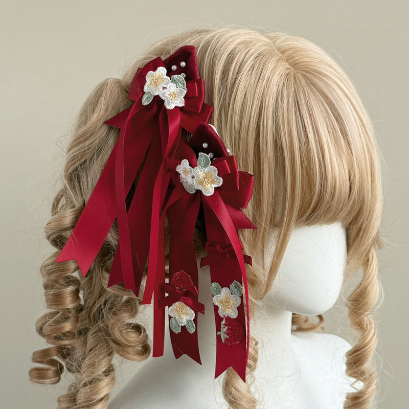 Her Vintage Society Strawberry Garden Red Riding Hood — No. 4 Red Strawberry Hair Clips - Ribbon Embroidery on One Side Only