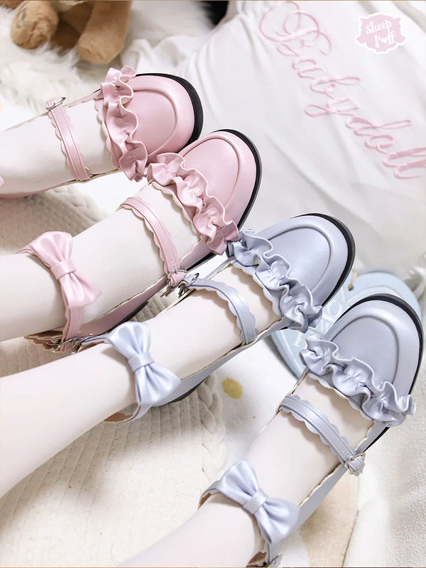 Sheep Puff Melulu Satin Lolita Shoes showing soft satin material, decorative bows, and classic Lolita shoe design.