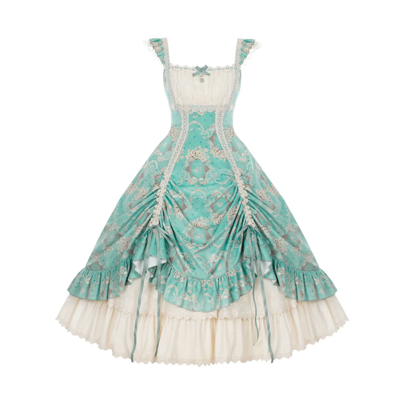 Letters & Verse Old Garden Adjustable-Hem Printed JSK — Turquoise Printed Long JSK - Adjustable Straps & Hem, Preorder (Supplier Dispatch from 5 Dec)