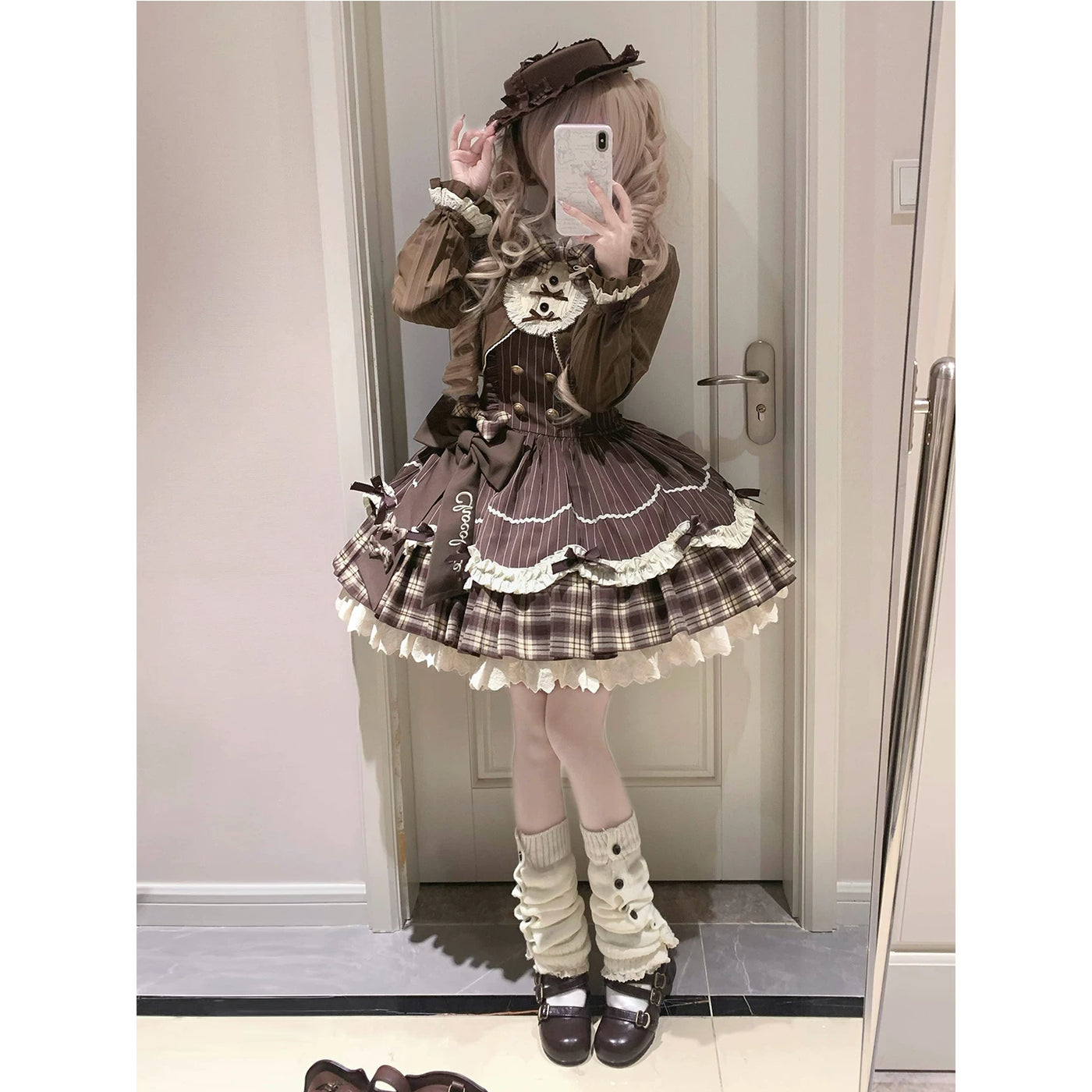 Creamy hazelnut-brown faux two-piece Lolita dress with plaid skirt and ruffled trim.