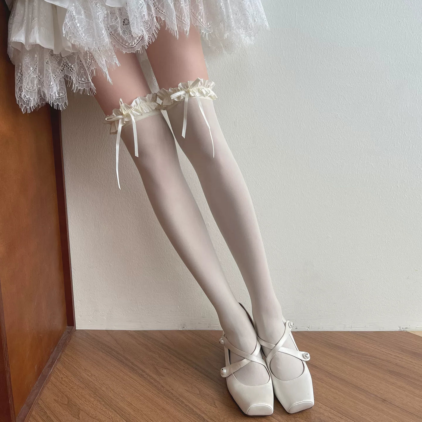 Sock Noble - Gray Ruffle - Over-the-Knee or Mid-Calf Socks with Ruffled Bow Cuffs