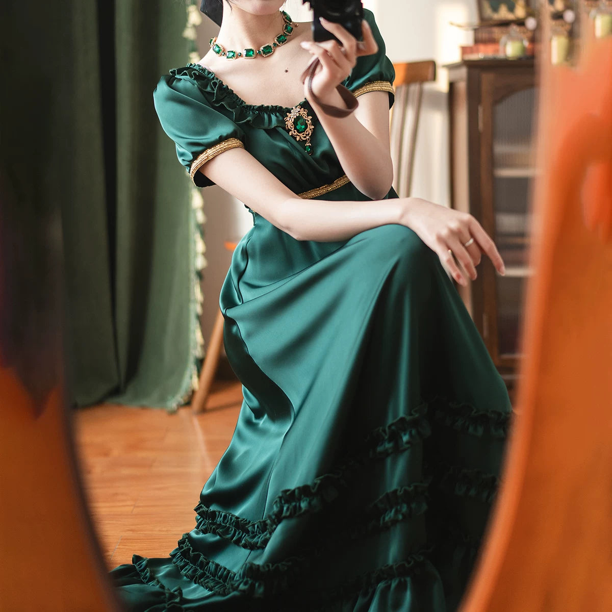 Moon Lily Luminous Gemstone green and wine red satin empire waist dresses