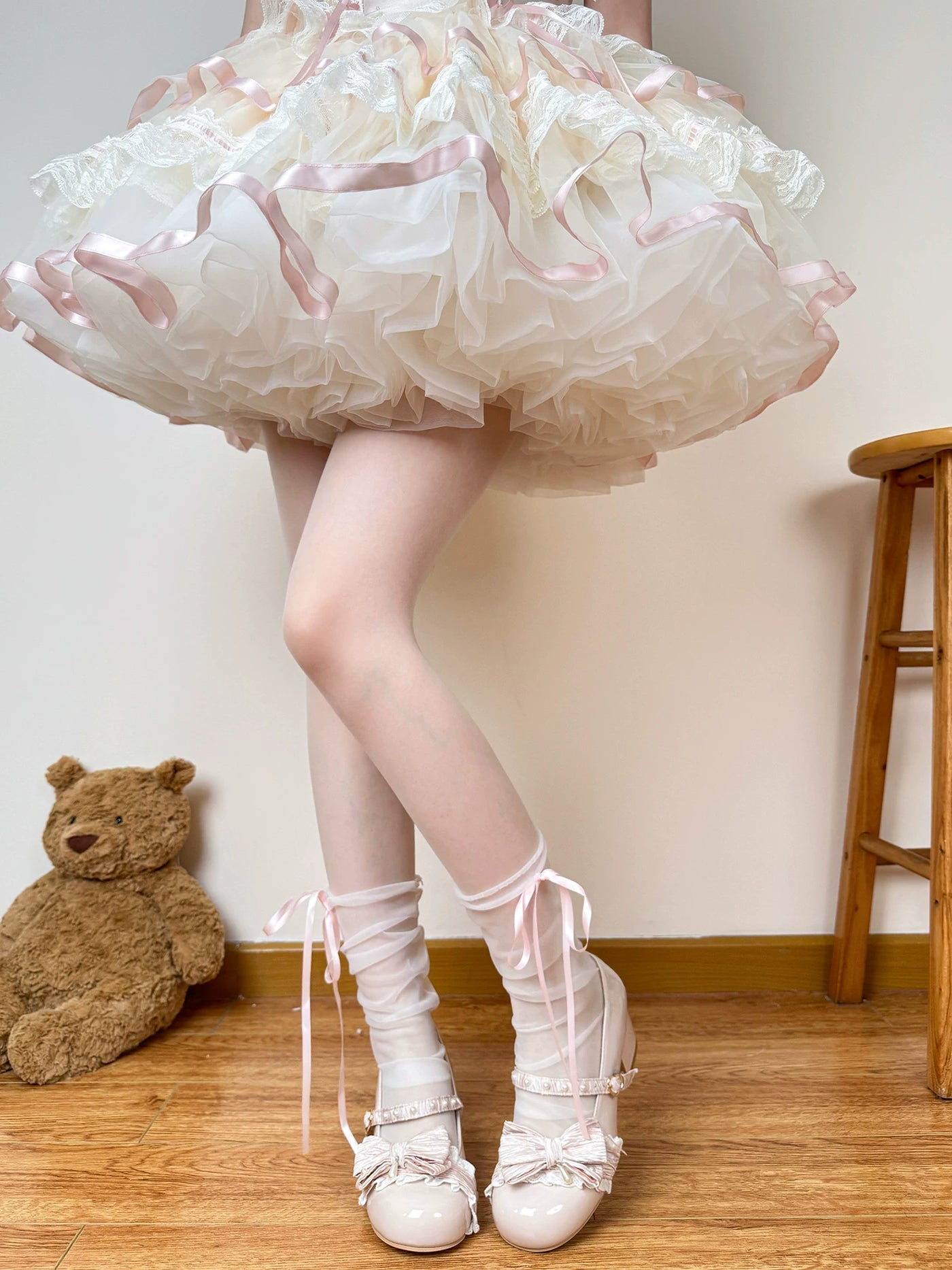 Chubby Bear Tales - Ballet Ribbon - Sheer Mid-Calf Socks with Long Ribbon Ties