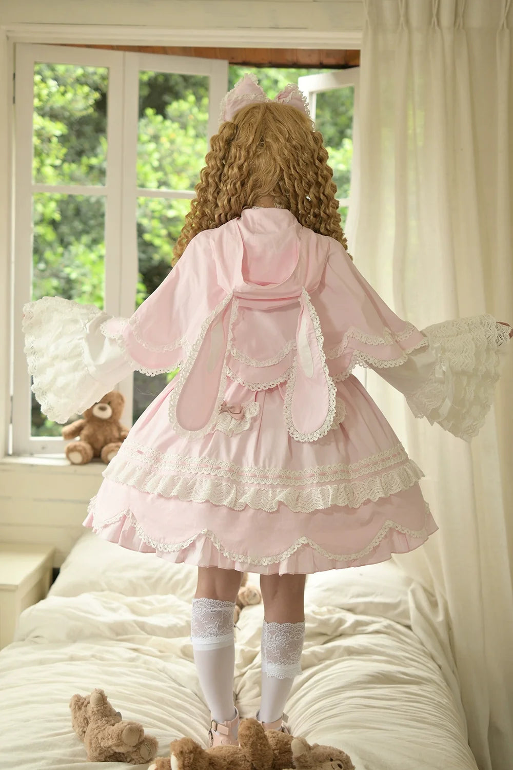 Miss Point - Vintage Petal Rabbit - Pure Cotton Kawaii Lolita Cape With Rabbit Ear Hood