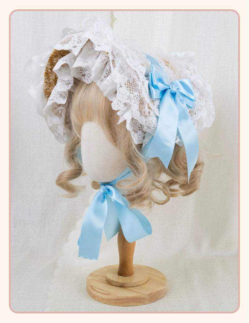 Stardust Rose - Garden Lace Bow - Flat Straw Hat with Lace Trim and Large Bow