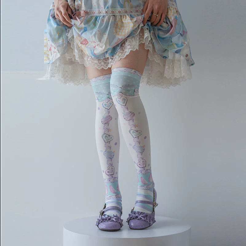 roji roji - Macaron Print - Over-the-Knee Socks with Velvet Print