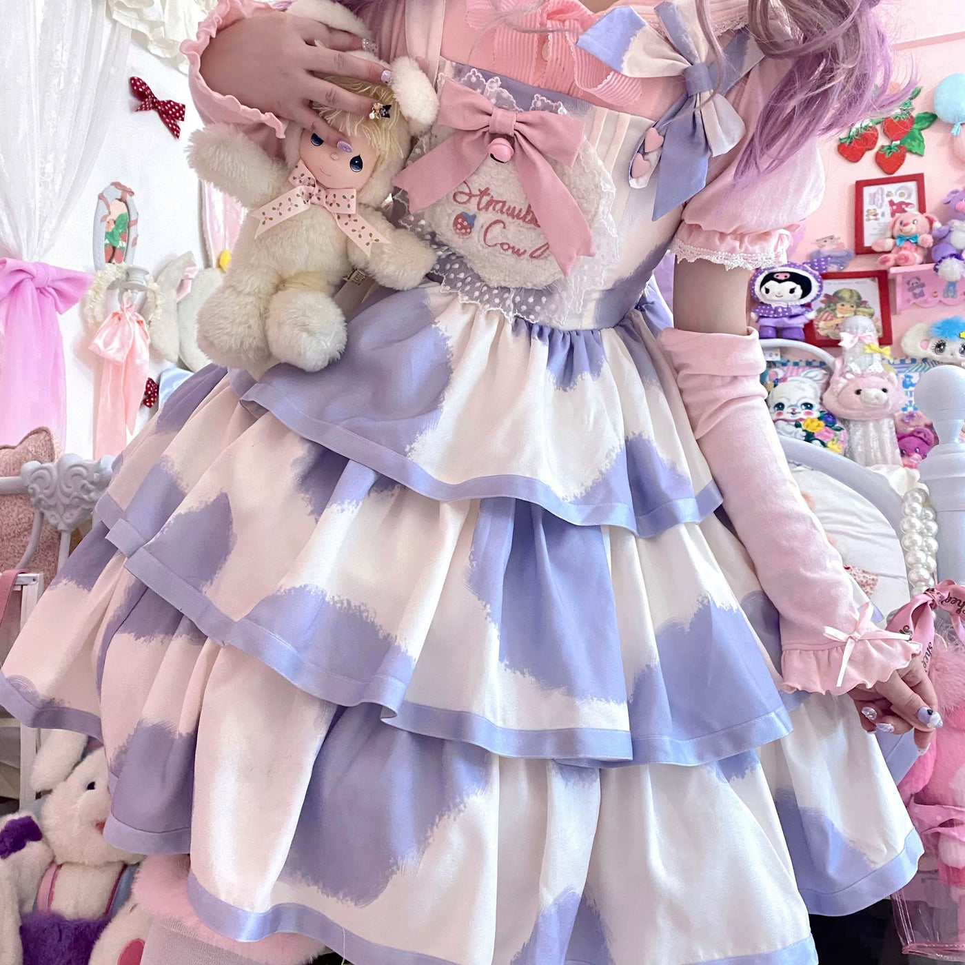 Tata Long Ear - Milk Cake Cow Print - Cow-Print JSK Dress with Three-Section Skirt