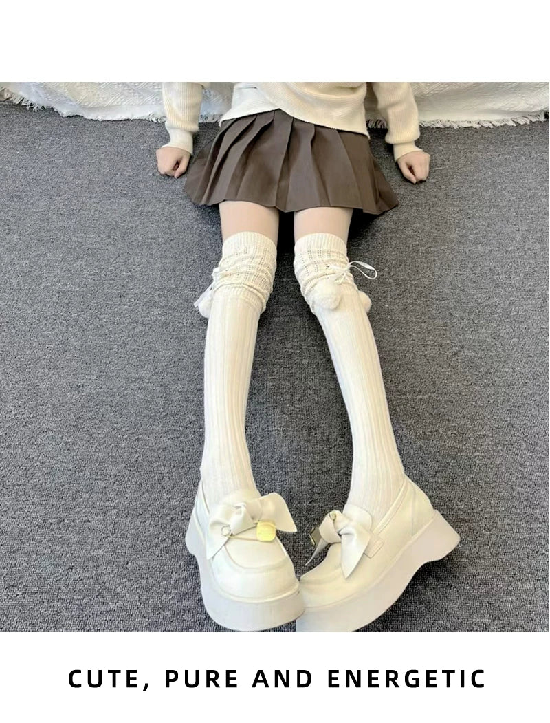 Floral Milk Cat - Pom-Pom Rib - Ribbed Thigh-High Socks with Side Pom-Poms