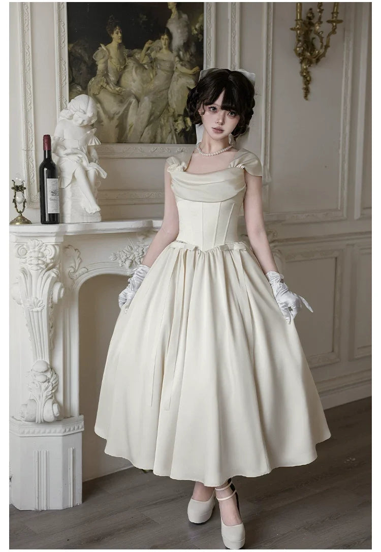 With PUJI - For Beloved - Classic Lolita Satin JSK Dress Set, Fishbone Waist