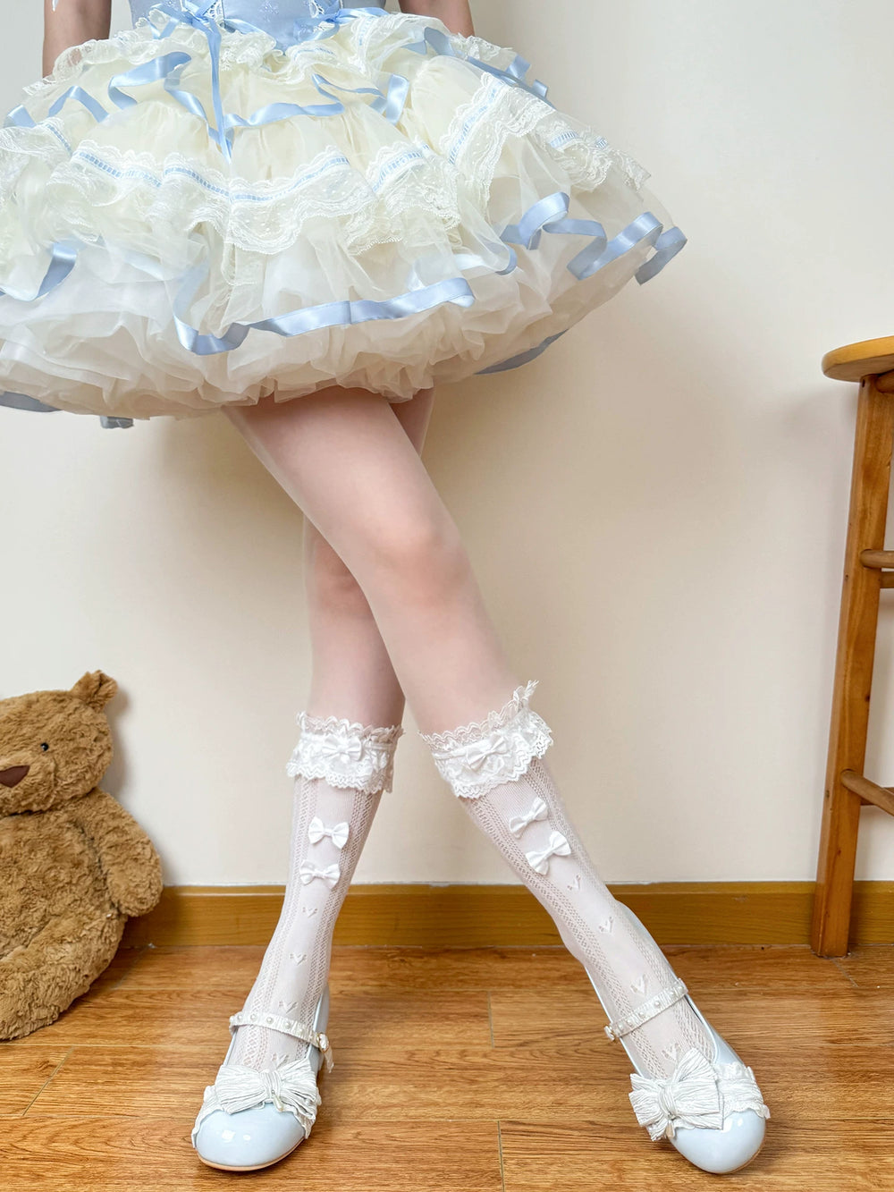 Chubby Bear Tales white openwork socks with lace edging and ribbon bows