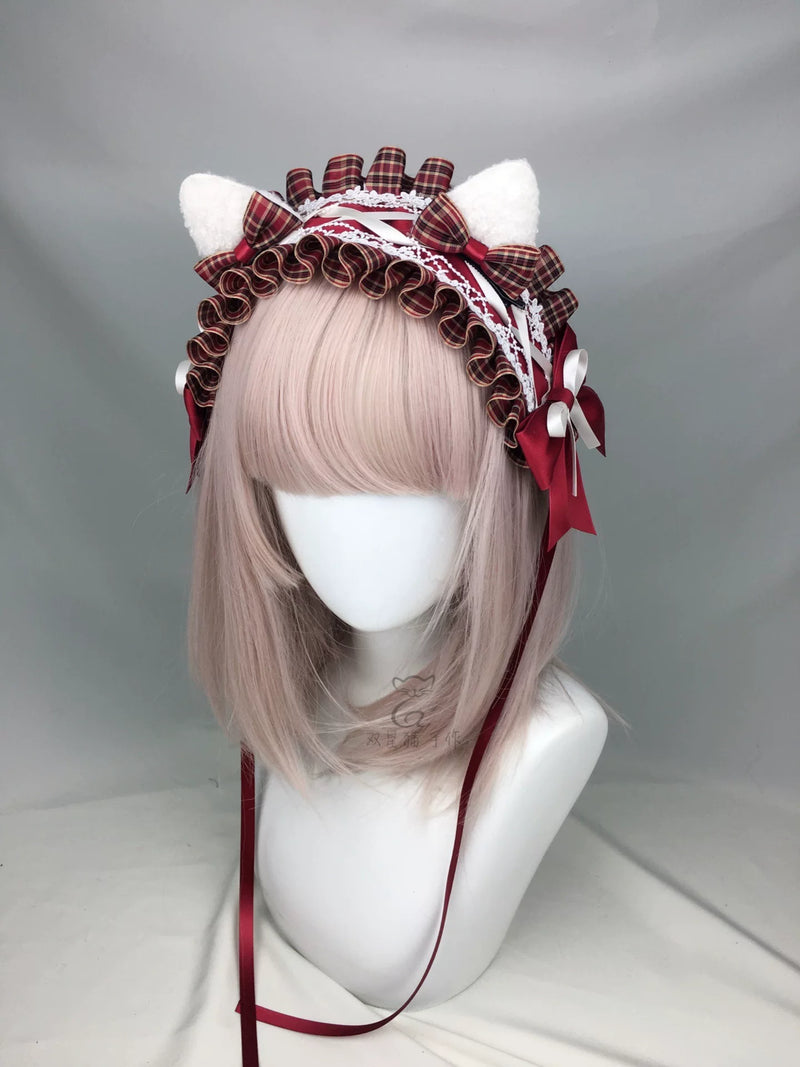 Little Red Riding Hood Burgundy Plaid Ear Headband & Clips — Burgundy Headdress 02 + White Ears with Hidden Clip