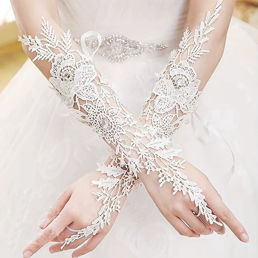 Little Fortune - Floral Lace Bridal - Lace Hand Sleeves with Finger-Hook Ties