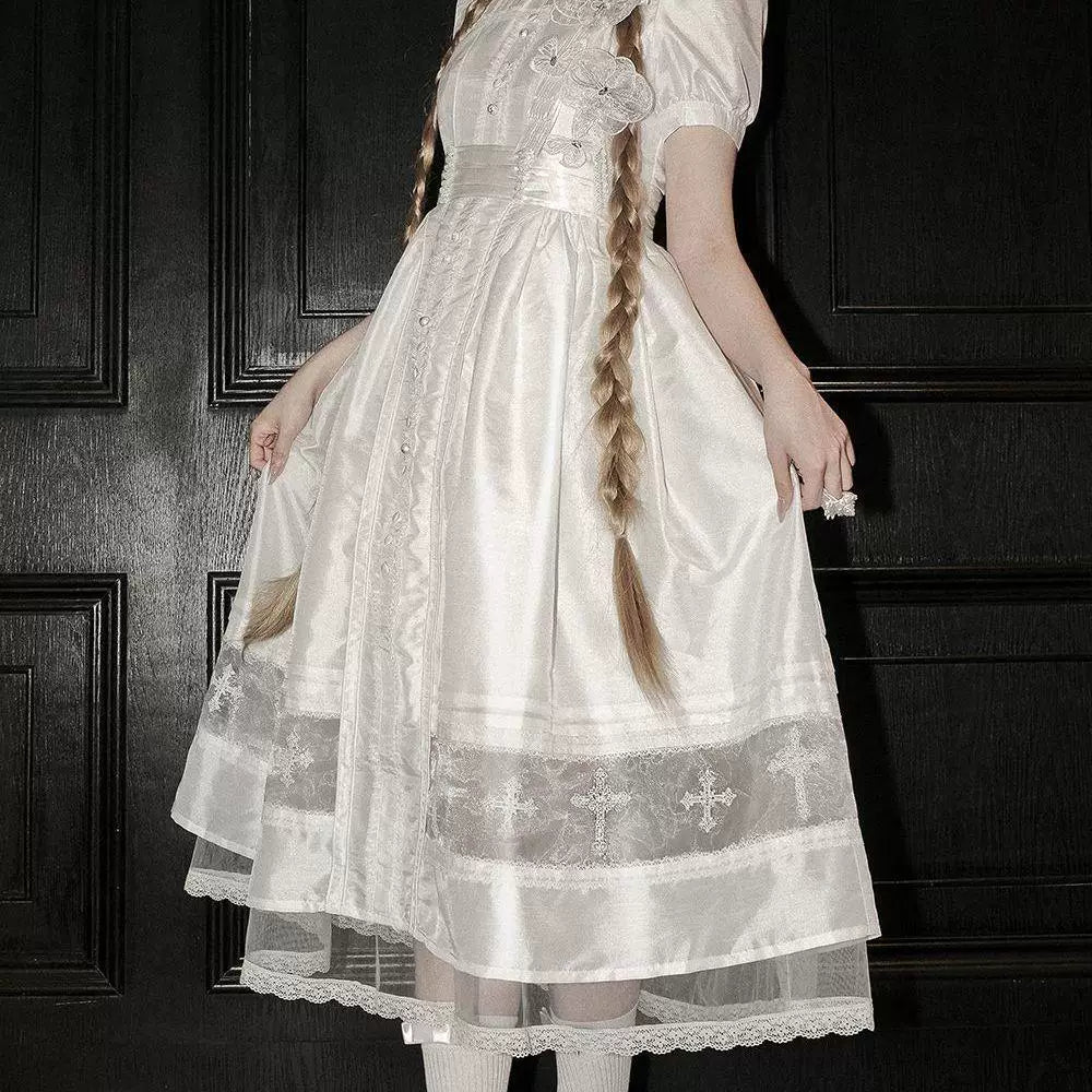 White gothic one-piece dress with stand collar, puff sleeves and cross-motif lace panels