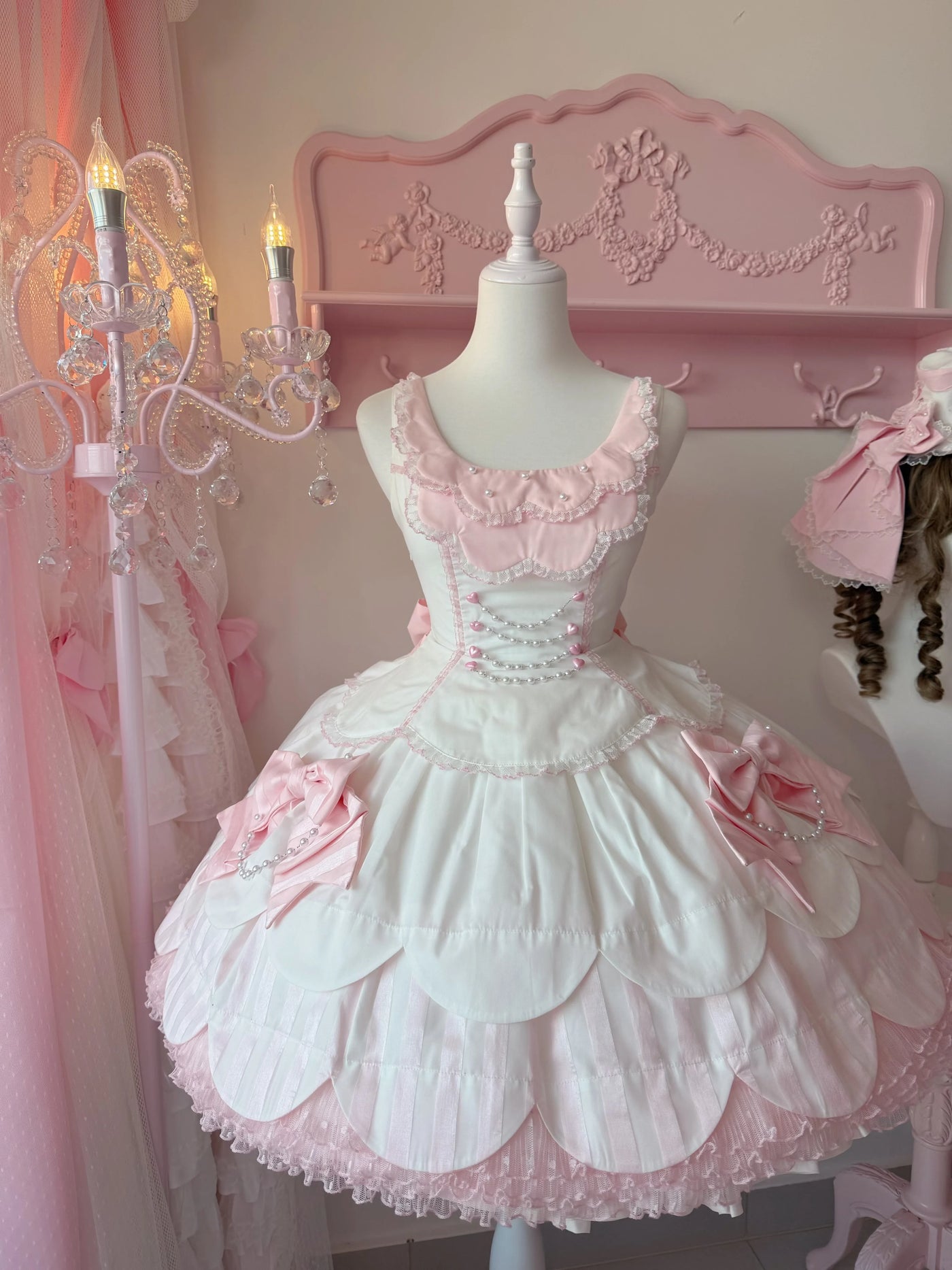 Tata Long Ear - Pearl Princess - White-and-Pink JSK Dress with Pearl Details and Scalloped Layers
