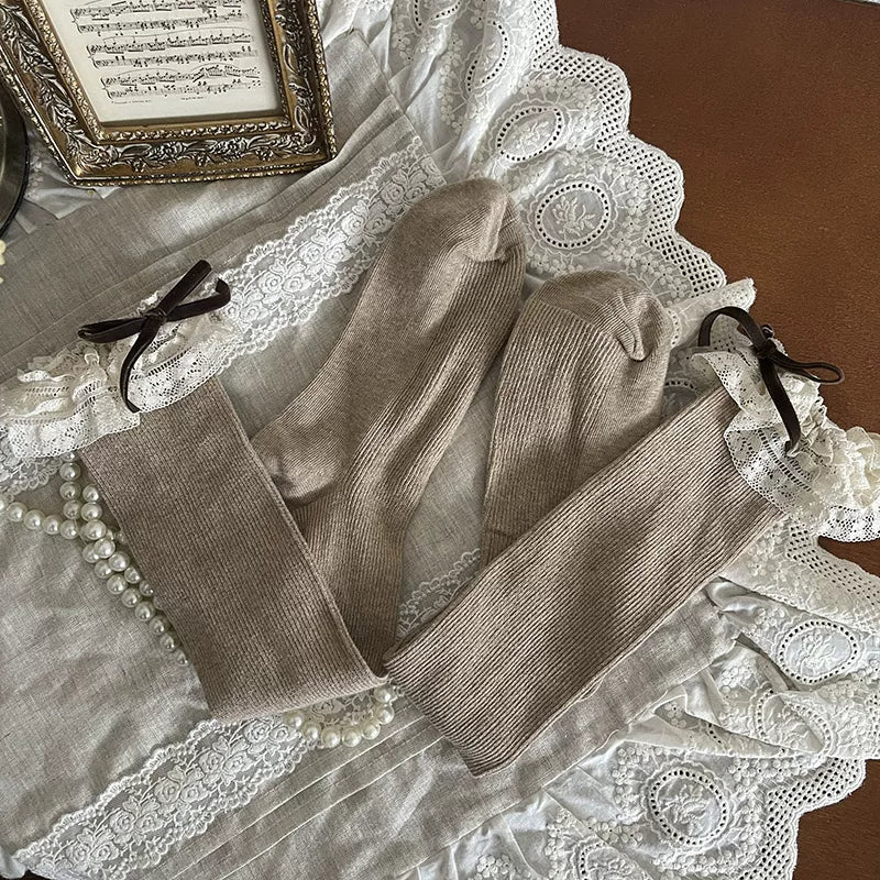 Sock Noble - Cream Lace Cake - Over-the-knee and mid-calf socks with layered lace bows