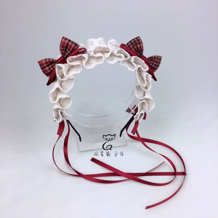 Little Red Riding Hood Burgundy Plaid Ear Headband & Clips — Cotton-Lace Headband + Detachable Bow
