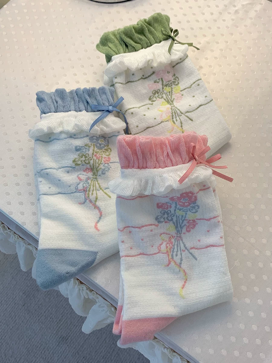Pink, blue and green floral bouquet ankle socks with ruffled cuffs