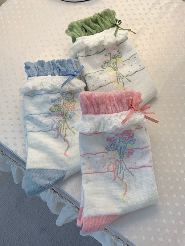 Pink, blue and green floral bouquet ankle socks with ruffled cuffs