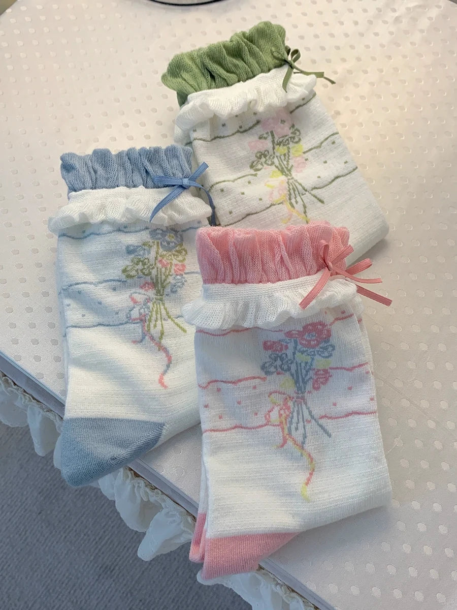 Roji Roji - Spring Floral - Sweet Cotton Lolita Ankle Socks One Size Pink+Blue+Green
