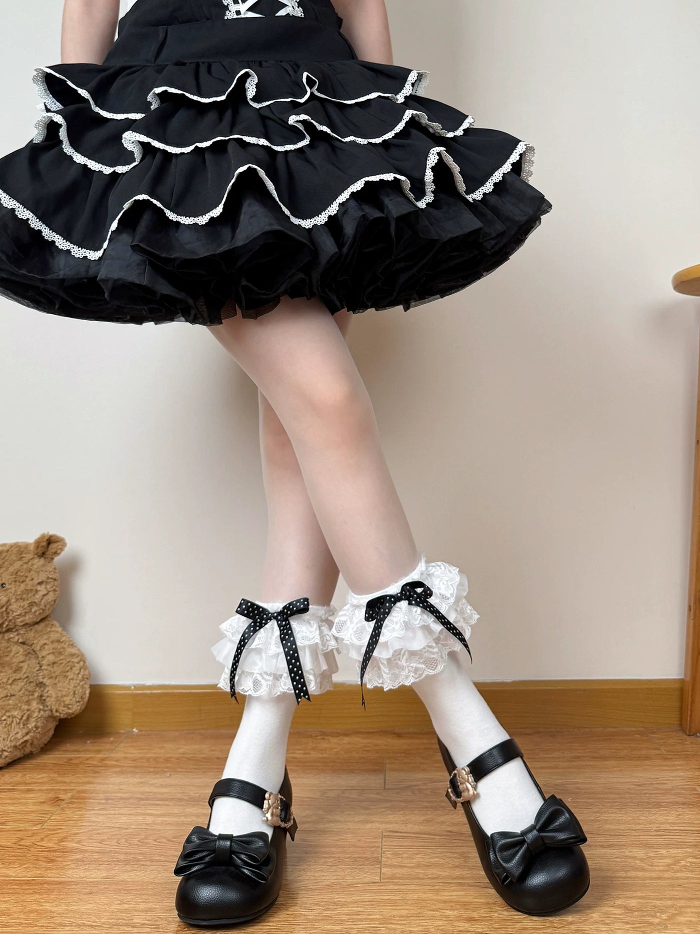 Chubby Bear Tales - Strawberry Doll - White Lace Ankle Socks with Polka-Dot Ribbon Bows