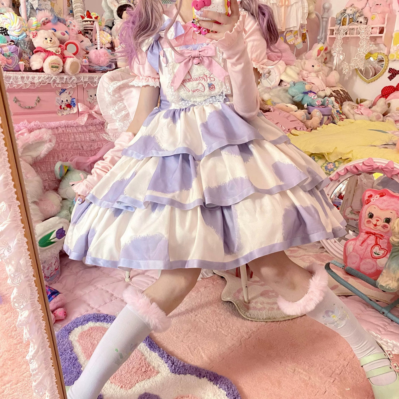Tata Long Ear - Milk Cake Cow Print - Cow-Print JSK Dress with Three-Section Skirt