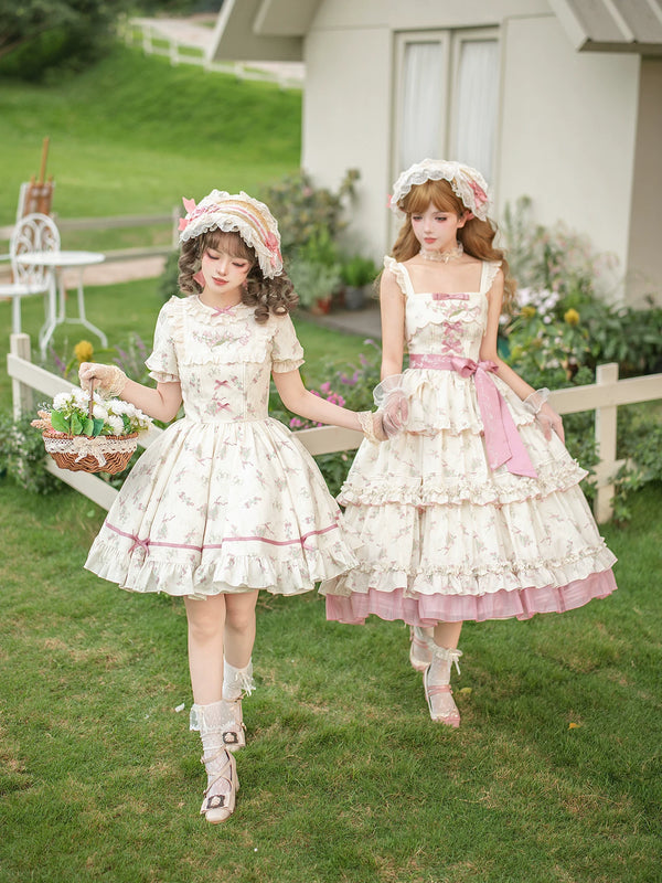With PUJI - Fragrant Reminiscence - Classic Lolita Embroidered Collar Dress, Bellflower Print product view