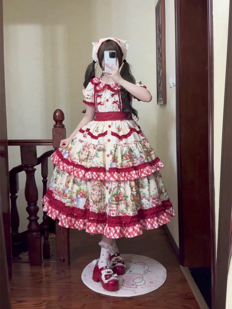 Dream Bunny - December Strawberry Field - Strawberry-Print One-Piece Dress with Red Gingham Ruffles