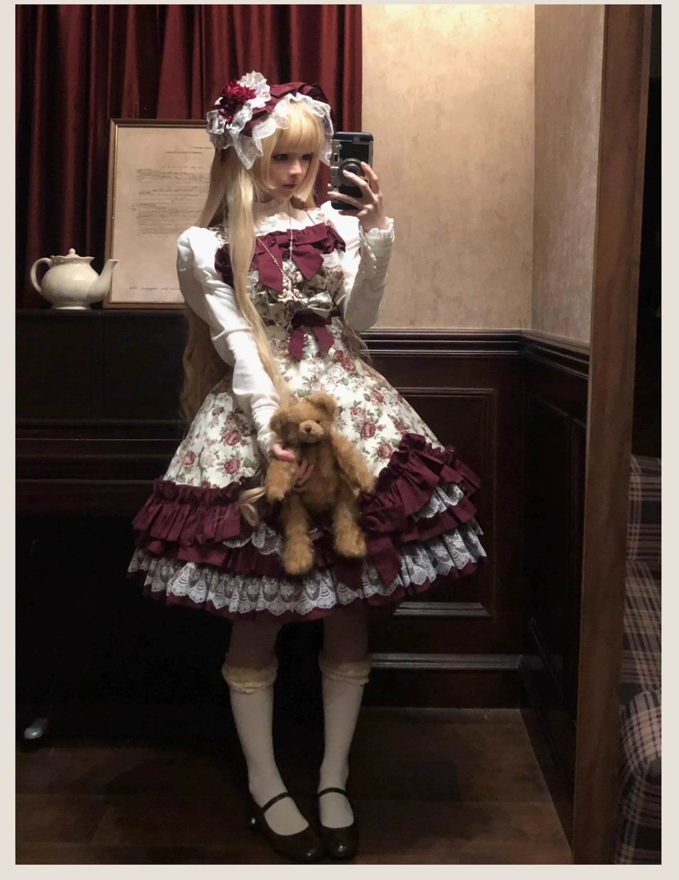 TaTaTa Lolita - Burgundy Rose - Floral Printed Old School Lolita JSK, Elegant Cape